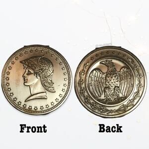 Vintage 1950s 50s Elgin American Silver Tone Coin Eagle Liberty Compact Mirror